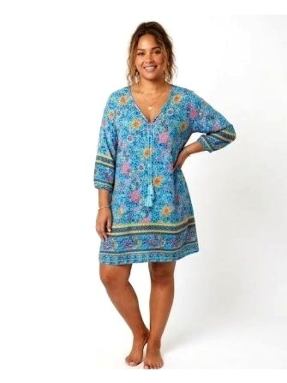 Boho Floral Tunic Dress XXL 3/4 Sleeve Tassel Tie Neck Blue Viscose
